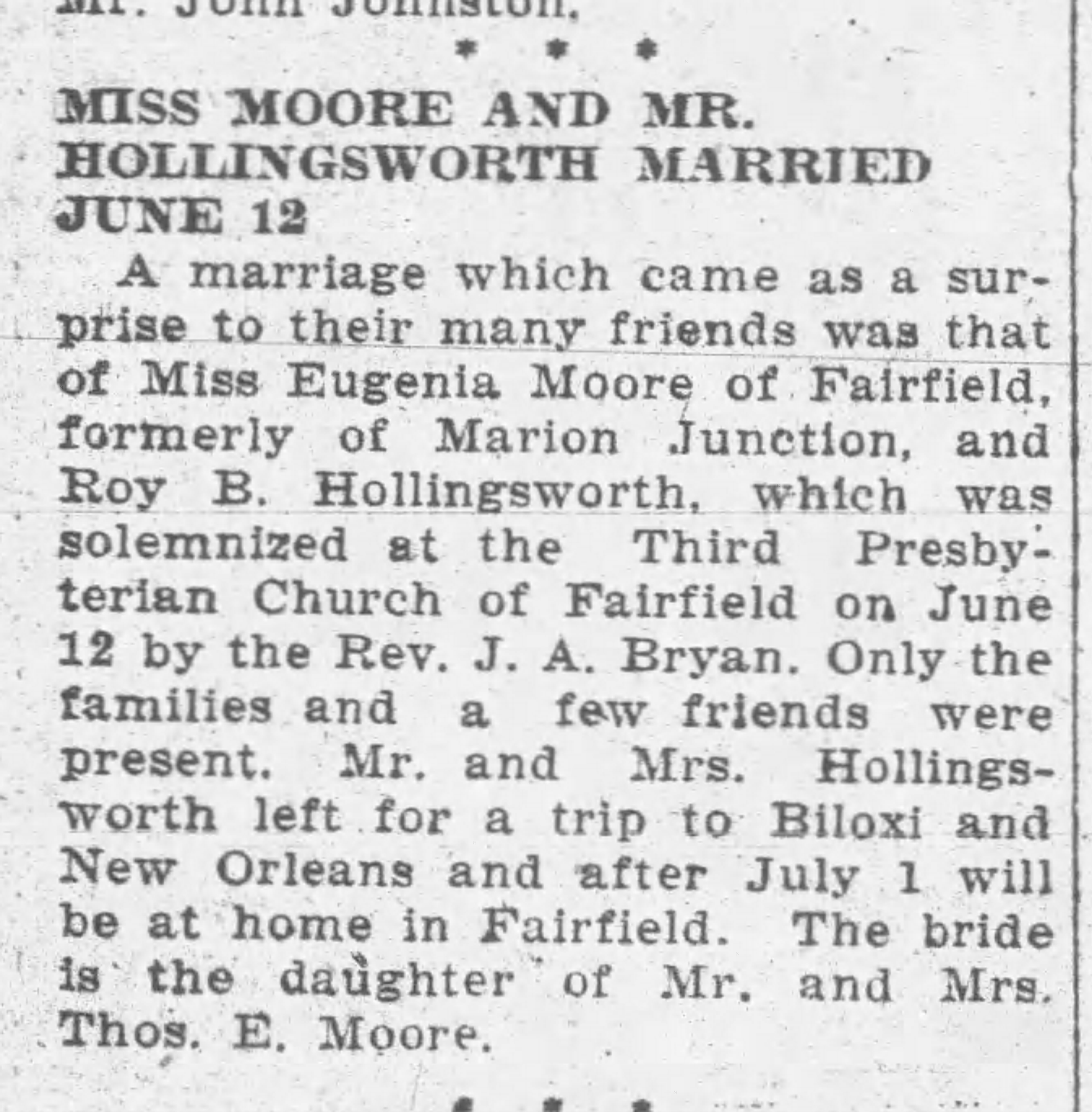 Miss Moore and Mr. Hollinsworth Married June 12